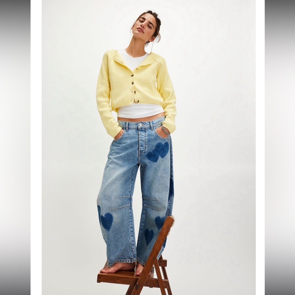 RARE! We The Free GOOD LUCK SHADOW PATCH JEANS HEART BARREL Free People 32 NWT